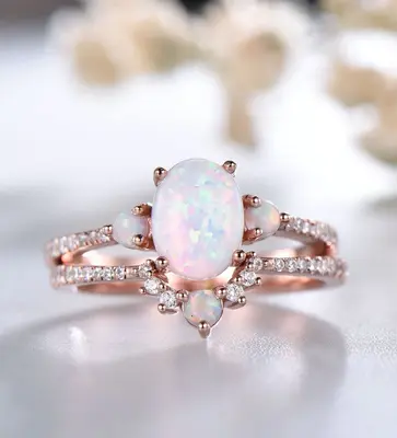 Women White Fire Opal Engagement Ring Set with Three Stone
