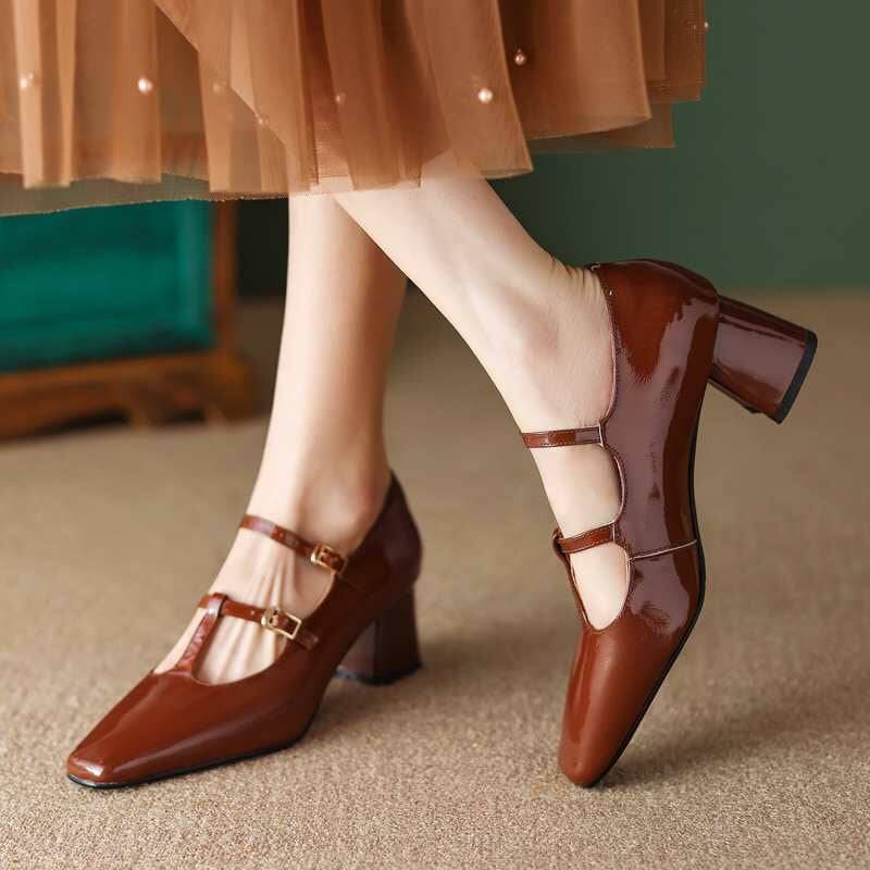 CHIKO Geena Square Toe Block Heels T-Strap Shoes