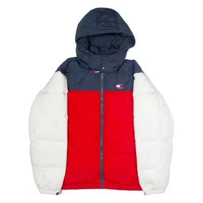 TOMMY JEANS Mens Puffer Jacket Red Hooded Colourblock XL