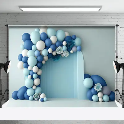Blue White Balloon Floral Birthday Cake Smash Backdrop - Aperturee