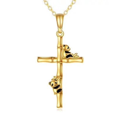 14K Gold Panda & Cross Pendant Necklace