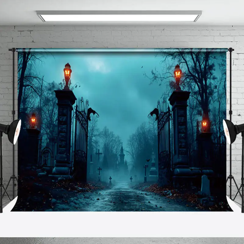 Solemn Scary Cemetery Horror Theme Halloween Backdrop