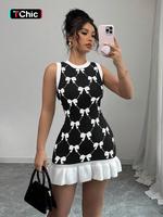 Women's Bow Print Ruffle Hem Sweater Dress, Casual Sleeveless Round Neck Knit Dress for Summer, Fashion Women's Dress for Dai...