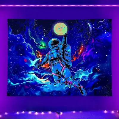 Astronaut Pattern Fluorescent Tapestry, 1 Count Dark Themed Light Tapestry, Cool Milky Way Space Starry Sky Tapestry, Living ...