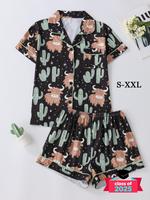 Women's Cartoon Print Pajama, Casual Cute Comfy Button Front Pocket Design Lapel Neck Top & Shorts Pj Set, Pajama Sets Women,...