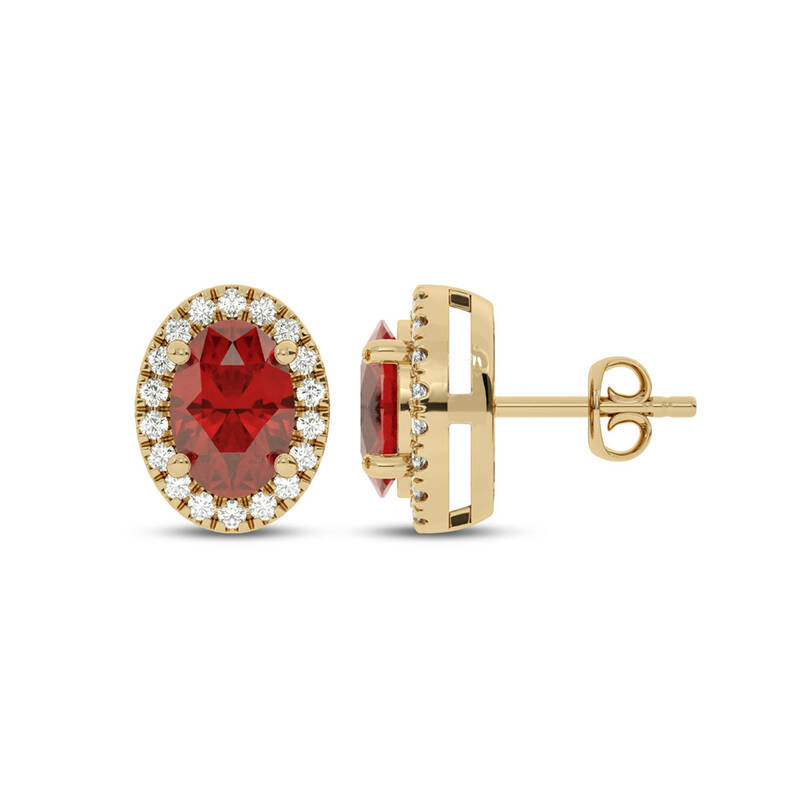 Statement Lab Grown Diamond Whisper Halo Earrings | 14K Yellow Gold 1/4 ct. tw. Diamond & 6.5X4.5mm Oval Ruby