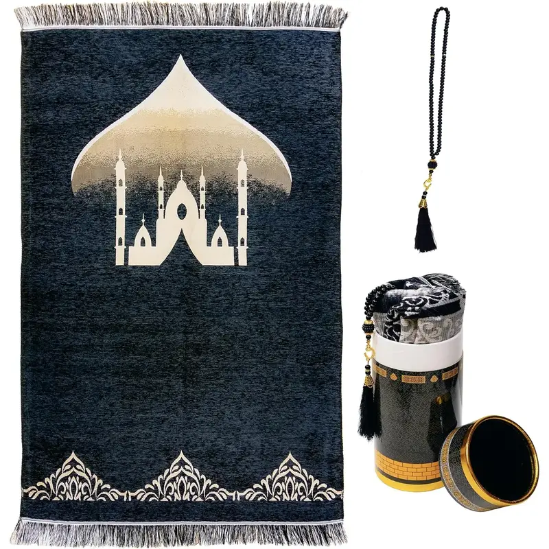 Muslim Prayer Mat and Prayer Beads - Durable, Soft, and Lightweight Janamaz with a Cylindrical Carry Holder - Islamic Gifts 4...