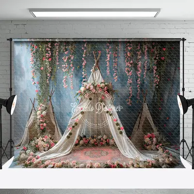 Blue Retro Wall Boho Tent Floral Wedding Backdrop