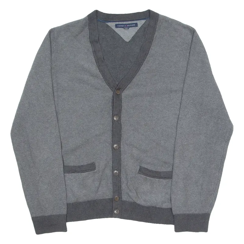 TOMMY HILFIGER Mens Cardigan Grey V-Neck Tight Knit XL