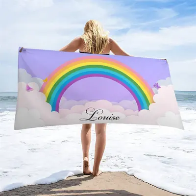 Clouds Rainbow Custom Girl Name Beach Towel - Aperturee