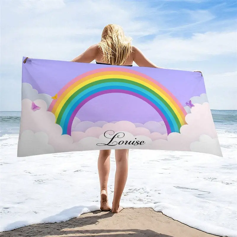 Clouds Rainbow Custom Girl Name Beach Towel - Aperturee