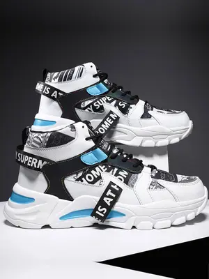 Men's Fashion Casual Letter Design Patchwork Lace up Chunky Sneakers, Lightweight Breathable Comfortable Sports Running Shoes...