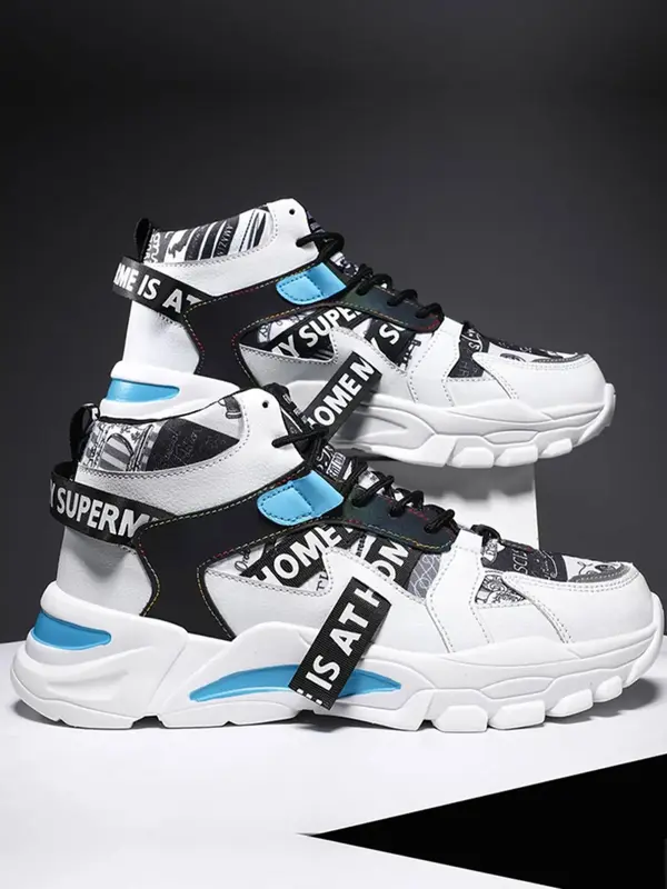 Men's Fashion Casual Letter Design Patchwork Lace up Chunky Sneakers, Lightweight Breathable Comfortable Sports Running Shoes...