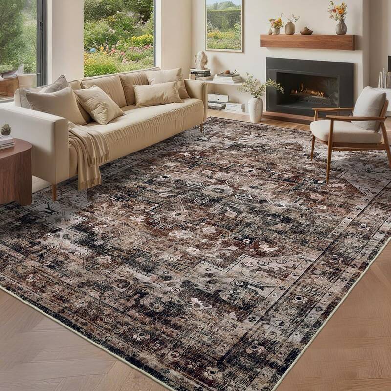 Garvee 10x13 Washable Vintage Living Room Area Rug, Non-Slip Brown Low Pile Carpet for Bedroom Dining Room