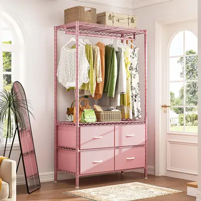 Raybee Furniture Clothes Rack, 184LBS Garment Rack Closet Rack with Drawers Clothing Racks for Hanging Clothes Heavy Duty Clo...