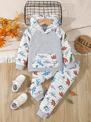 Two-Piece Set Boy's Dinosaur Print Pocket Hoodie & Elastic Waist Pants Set, Cute Long Sleeve Hooded Sweatshirt & Trousers for...