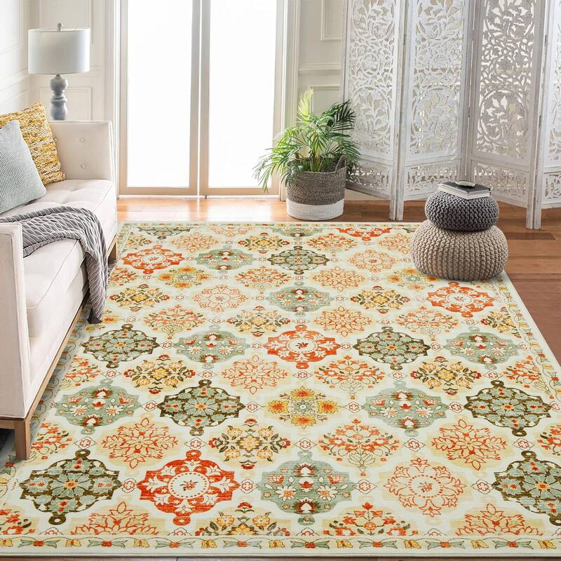 Garvee Boho Floral Checkerboard Washable Area Rug, Non-Slip Rug for Bedroom Living Room Kitchen Office, 10x13Ft Orange