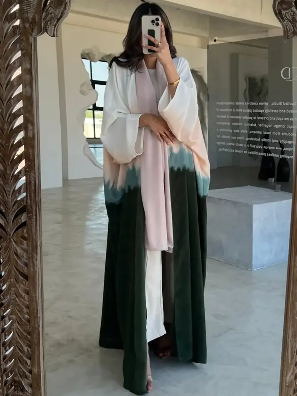 Women's Tie Dye Print Batwing Sleeve Abaya, Casual Long Sleeve Open Front Outerwear for Daily Wear, Ladies Islamic Clothing f...