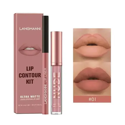 Matte Lipstick & Lip Liner Makeup Set, 2 Counts Easy Coloring Lip Gloss & Lip Liner Set, Moisturizing No Glossy Lip Care Kit ...
