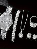 Women's Elegant Rhinestone Decor Quartz Watch & Jewelry Set, Including Round Dial Analog Watch & Bracelet & Necklace & Ring &...