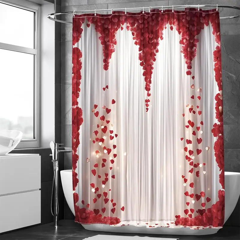 Romantic Rose Pattern Bath Curtain, Waterproof Shower Curtain with 12pcs Hooks, Bathroom Curtain, Household Bathroom Accessor...