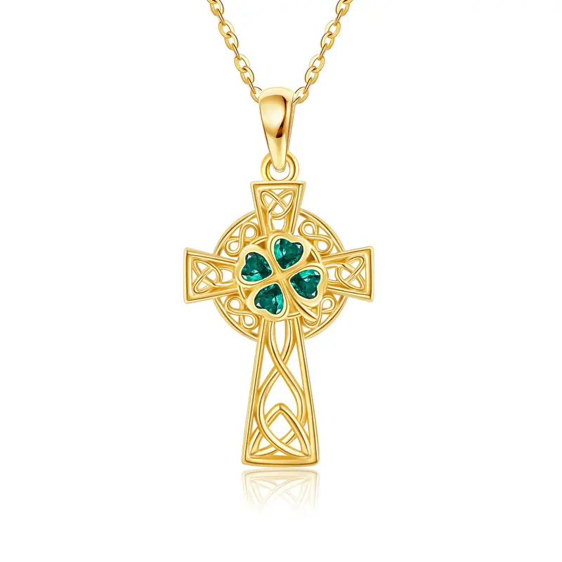 14K Yellow Gold Emerald Heart Cubic Zirconia Celtic Knot & Cross Pendant Necklace