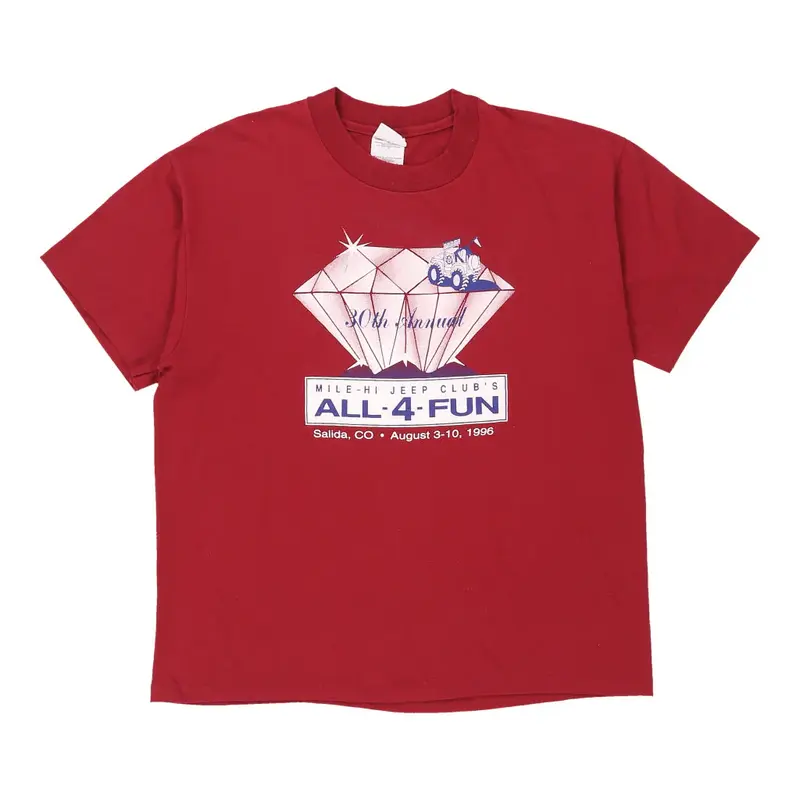 Single Stitch Mile-Hi Jeep Club's All 4 Fun 1996. Hanes Graphic T-Shirt - Large Burgundy Cotton