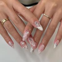 Buy 10 Get 10 Free! [Machine-Made] 24pcs Press-On Nails with Rhinestones & Flowers – French Style Glue-On Nails for Women &...