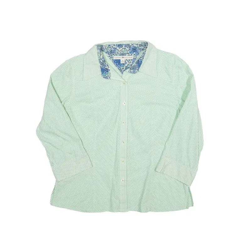 TOMMY HILFIGER Shirt Green Striped 3/4 Sleeve Womens L