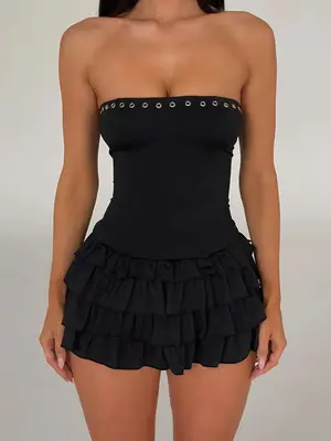 Women's Solid Tiered Layer Ruffle Trim Tube Dress, Elegant Strapless A Line Short Dress for Party Club Dating Wear, Ladies Su...