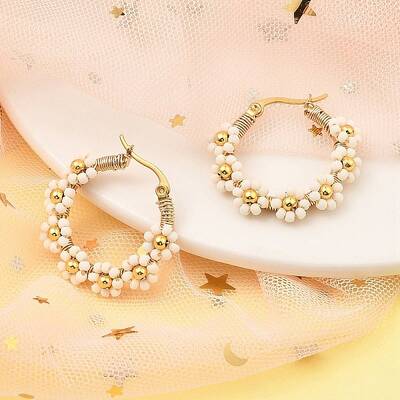304 Stainless Steel & Bohemian Beaded Flower Hoop Earrings for Women
