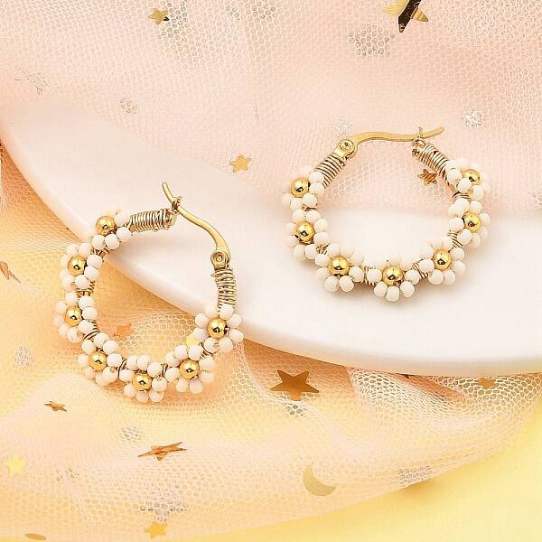 304 Stainless Steel & Bohemian Beaded Flower Hoop Earrings for Women