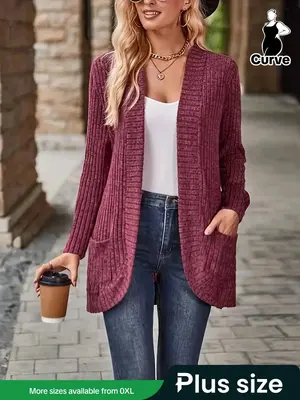 【Plus Size】 Solid Pocket Open Front Cardigan, Cardigan for Women, Casual Long Sleeve Ribbed Cardigan for Fall & Winter, ...