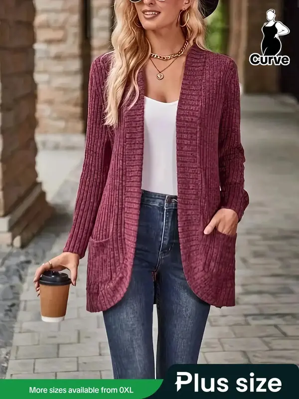 【Plus Size】 Solid Pocket Open Front Cardigan, Cardigan for Women, Casual Long Sleeve Ribbed Cardigan for Fall & Winter, ...