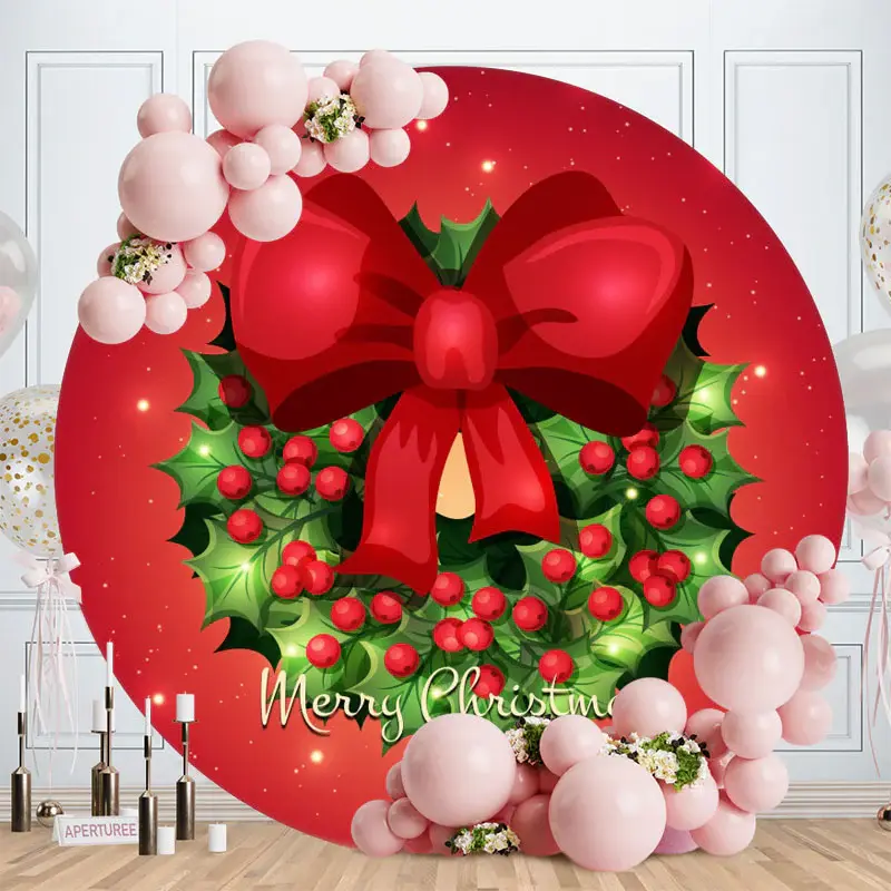 Circle Bow And Leaves Red Christmas Backdrop - Aperturee