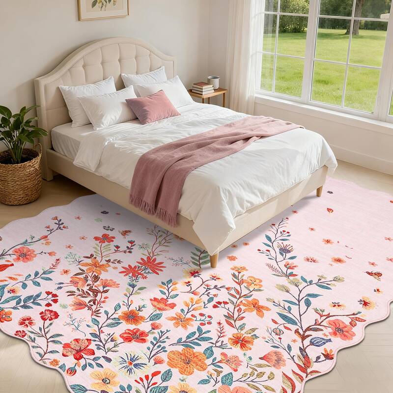 Garvee Large Floral 9x12 Area Rugs for Living Room Bedroom, Soft Washable Scalloped Rugs with Non Slip Backing, Pink