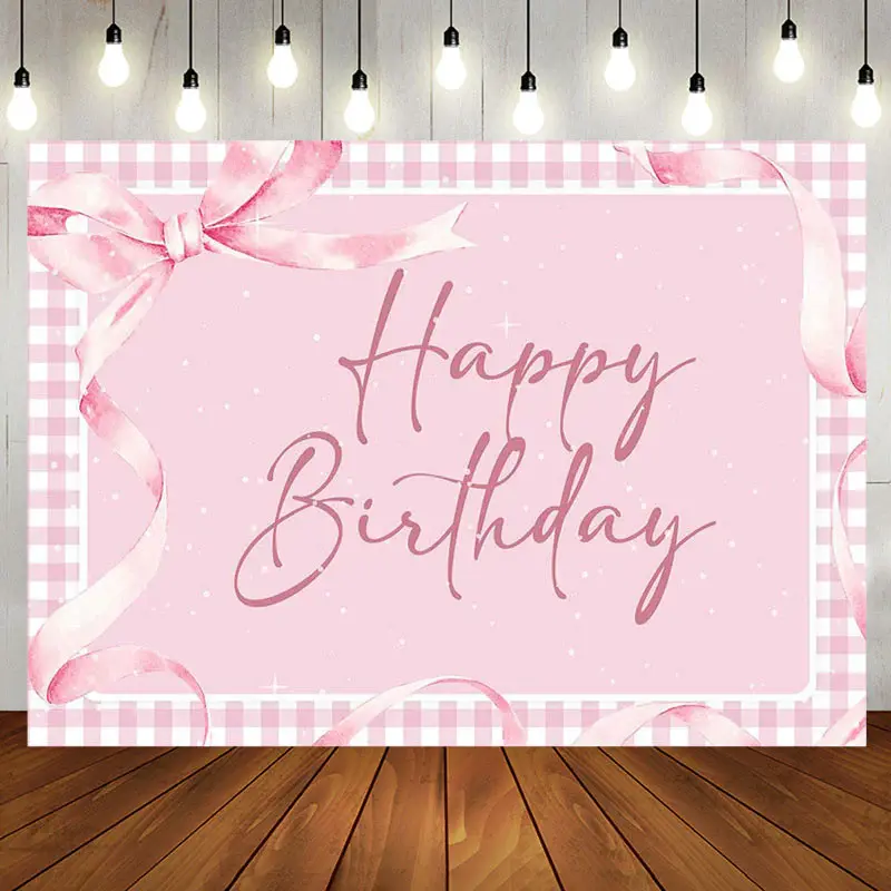 Aperturee Pink Gift Bow Tie Plaid Backdrop For Birthday Party - Aperturee