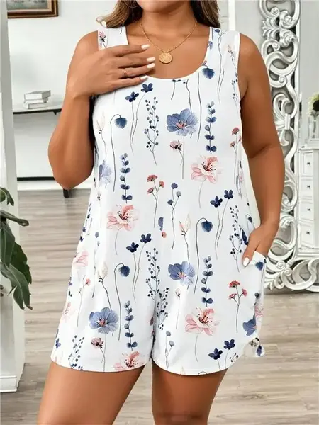 Plus Size Ditsy Floral Casual Jumpsuit, Suitable For Spring & Summer, Festival & Vacation Wear