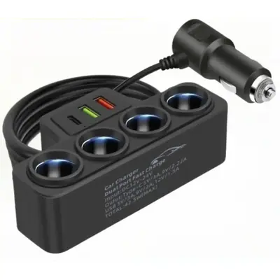 120W Car 4-Socket Adapter with PD Fast Charge,QC3.0 & PD 3 Charging Ports, Super FastCharger Adapter for 12V/24V Vehicles