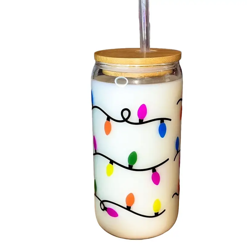 Color Changing Christmas Lights Glass Cup with Lid and Straw - 16 oz - Drinkware, Transparent Tumblers Mug Bottles Christmas ...