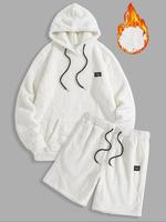 Men's Thermal Long Sleeve Hoodie & Drawstring Waist Short Set, Casual Fashion Cozy Breathable Outfits for Daily Outdoor Wear,...