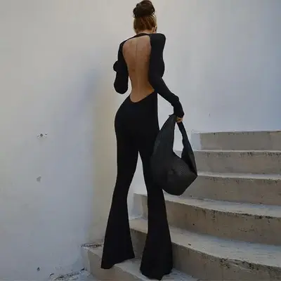 Solid Black Sexy Backless Bodycon Wide Leg Jumpsuit Women Autumn Casual Slim Long Sleeve O-Neck Playsuit Lady Streetwear