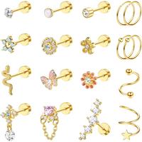 LOYALLOOK 18counts Cartilage Earring Stud for Women Surgical Steel Flat Back Earrings Couch Hoop Piercing Opal Flower Sanke H...