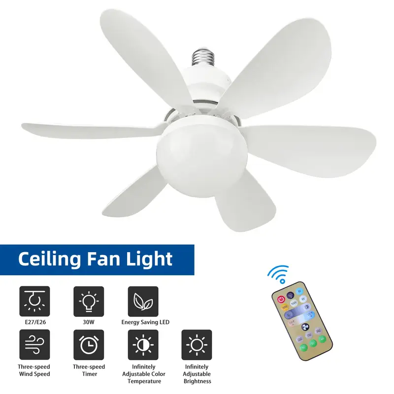 30W Large Ceiling Fan Multifunctional Pendant Light fan E27 Socket Fan with Dimmable LED Light Remote Controller