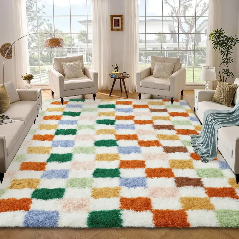Garvee Washable Checkered Rug 5x8 Plush Fuzzy Rugs for Bedroom Thick Shaggy Rug Clearance, Colorful Modern Shag Rug Super Sof...