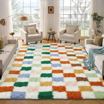 Garvee Washable Checkered Rug 5x8 Plush Fuzzy Rugs for Bedroom Thick Shaggy Rug Clearance, Colorful Modern Shag Rug Super Sof...