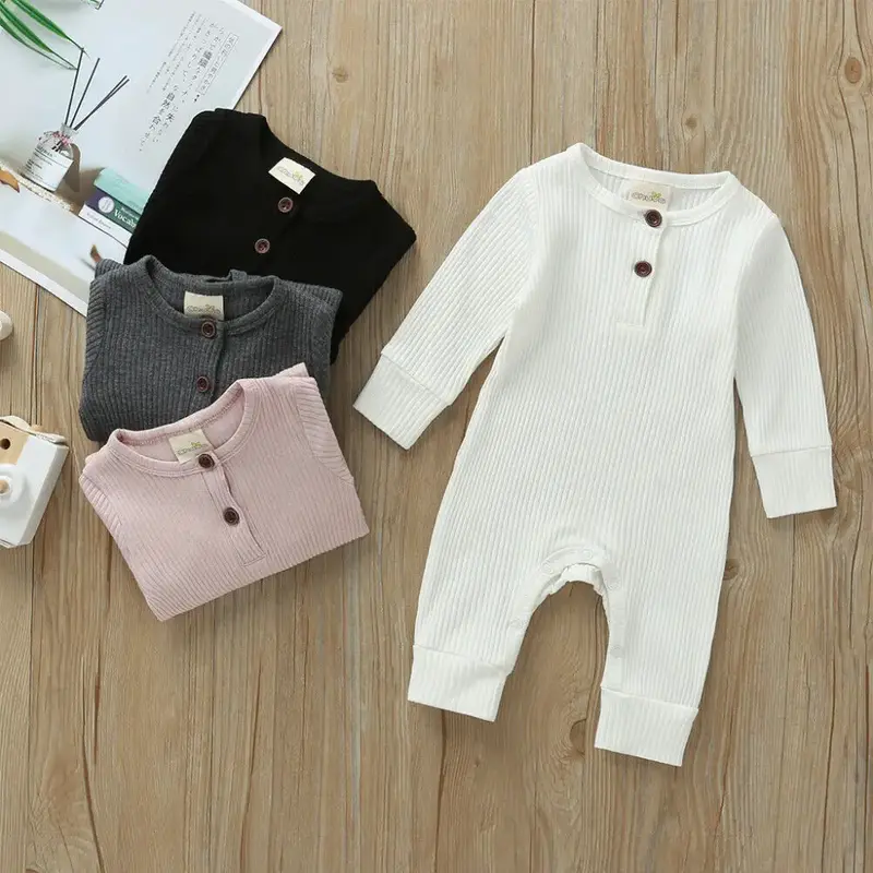 Newborn Infant Baby Boy Girl Romper Solid Color Ribbed Knit Jumpsuit Long Sleeve  Playsuit Clothes