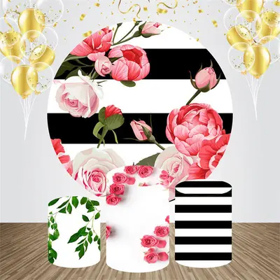 Black White Stripes Rose Round Birthday Backdrop Kit - Aperturee