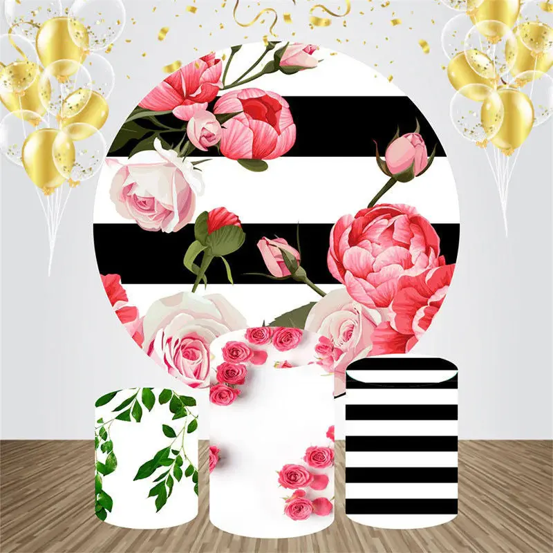 Black White Stripes Rose Round Birthday Backdrop Kit - Aperturee