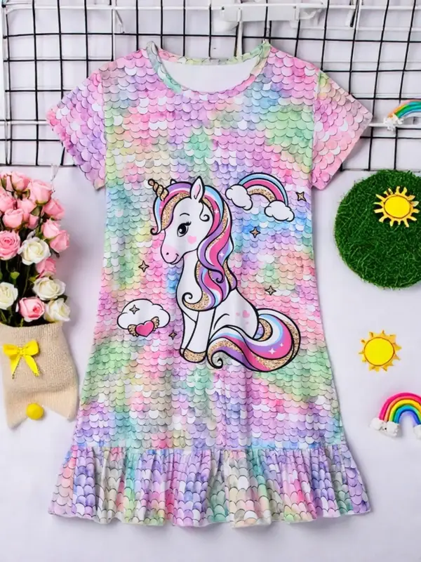 Girl's Cartoon Unicorn Print Dress, Cute Casual Soft Comfortable Round Neck Short Sleeve Nightgown, Kids Sleepwear for Summer...